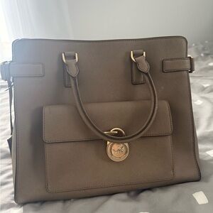 Michael Kors Hamilton Tan Saffiano Leather Satchel Tote Bag Gold Lock